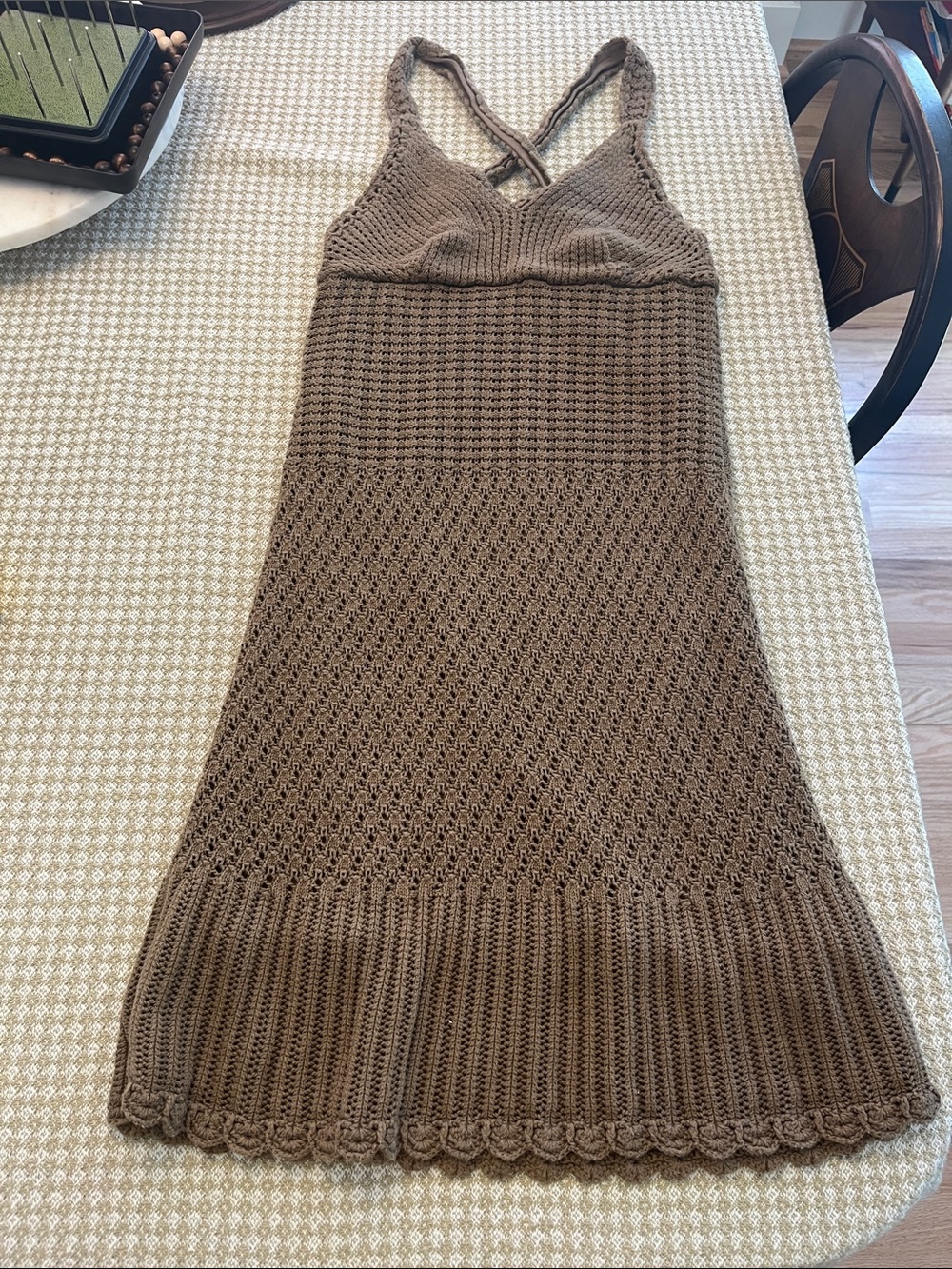 Athleta Brown Crochet Knit Midi Dress with V neck—Medium